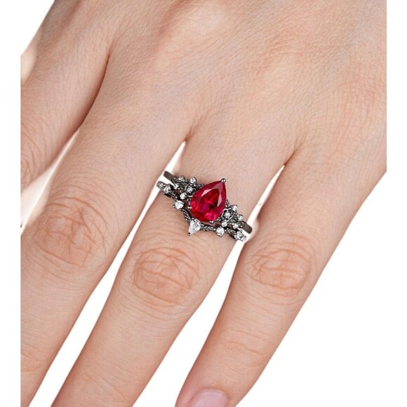 Pear Cut Ruby and Moissanite 2 piece Engagement Wedding Ring Set in Rhodium - Picture 6 of 6